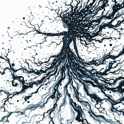 The primary subject of the image is a woman, who is the main focus of the scene. She is depicted as a silhouette, with her body and head surrounded by a tree-like structure. The setting is a black and white background, which adds to the overall mood of the image. The visual style is a combination of digital art and illustration, creating a unique and artistic representation of the woman. The colors and mood of the image are predominantly dark and moody, with the woman's silhouette and the tree-like structure creating a sense of mystery and intrigue.